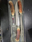 Vintage Buhl Sons Carving Set, Detroit Michigan, 3 Pieces, Faux Horn Handles. Fixed Price $75.00.